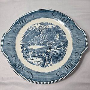 Royal USA Currier & Ives Blue Round Handled Cake Plate 11.5 Inches